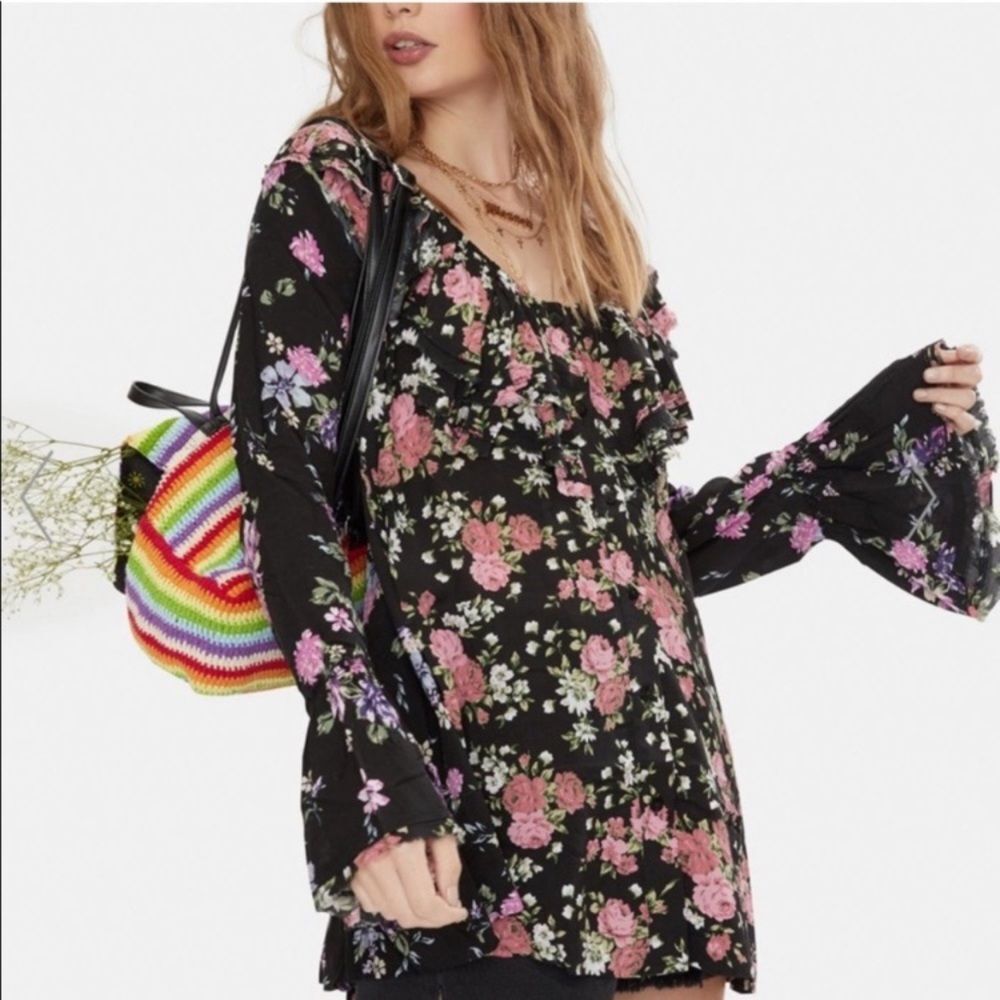 Free People Loretta Printed Tunic Black Floral Small
